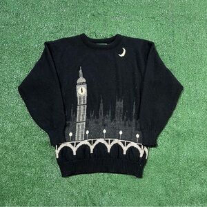 Vintage Black  Cityscape wrap around wool knit Sweater